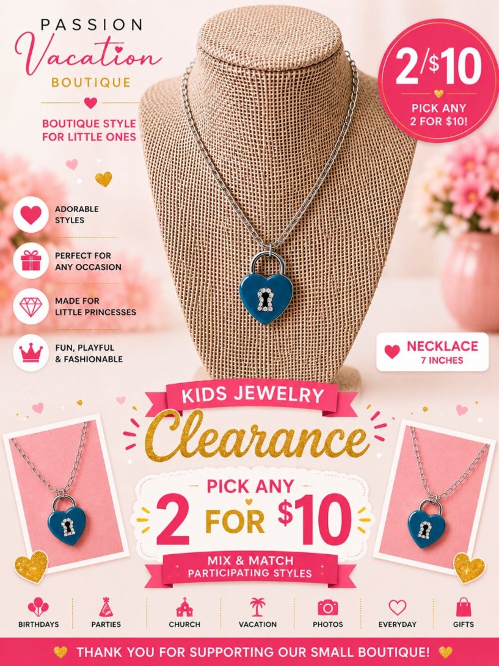 2/$10 Girls Blue Heart Lock Rhinestone Pendant Necklace | 7 Inch
